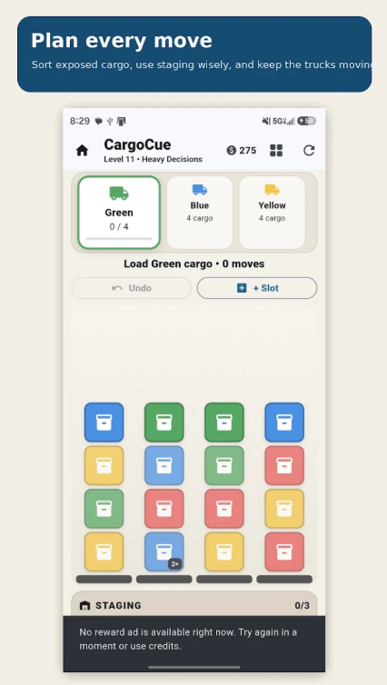 CargoCue gameplay showing cargo sorting, staging, and truck loading