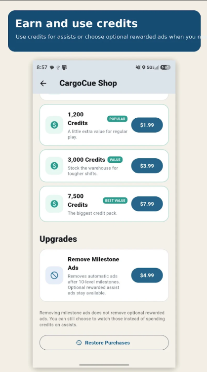 CargoCue shop screen with credits and upgrades